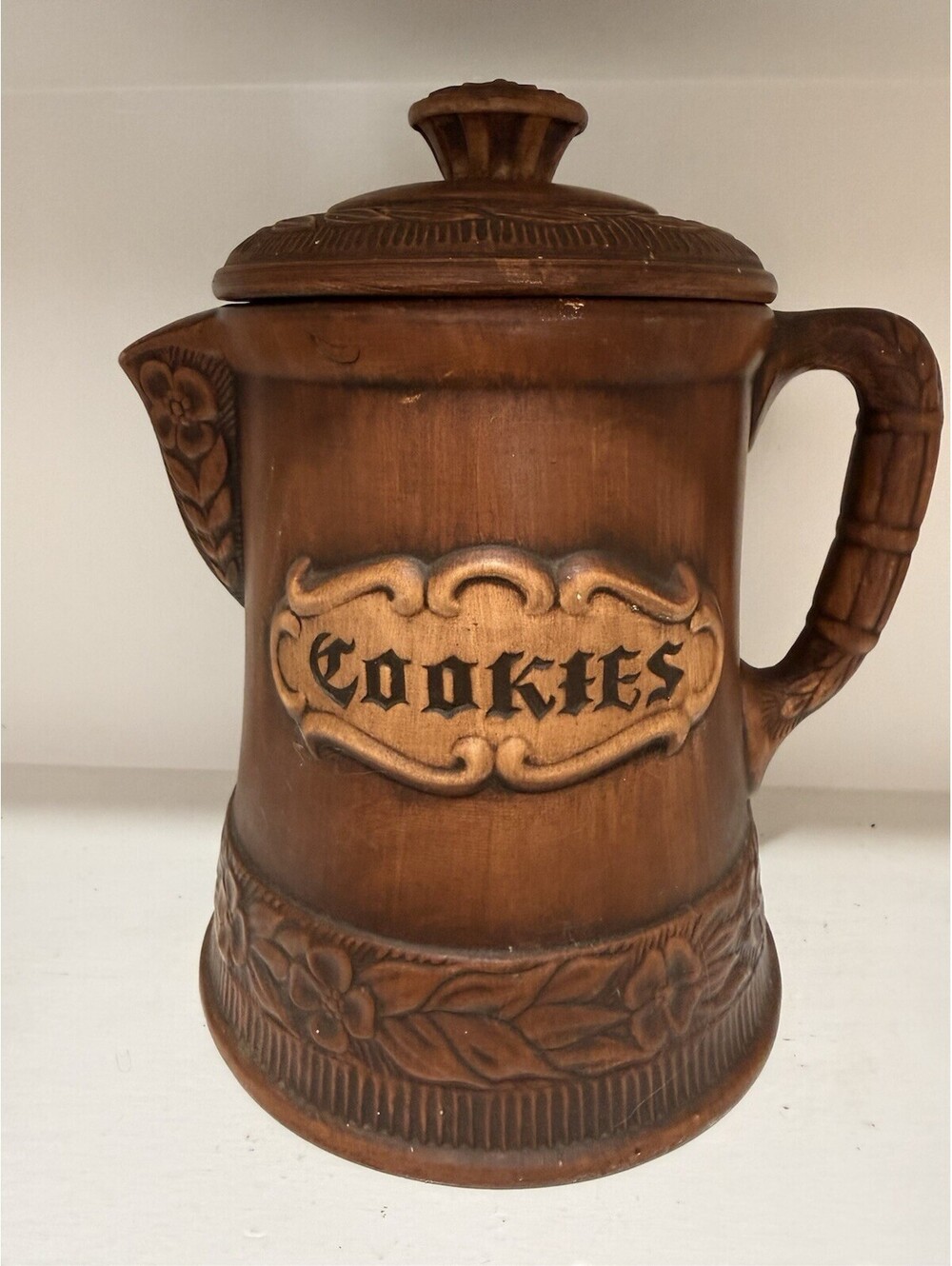 Vintage Treasure Craft Of California Cookie Jar Faux  Wood Made In USA